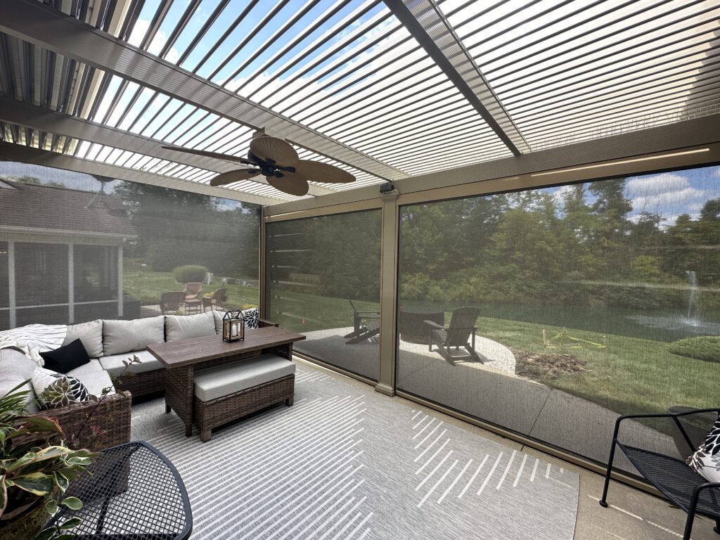 Enclose your space with a stunning motorized pergola and motorized retractable screens