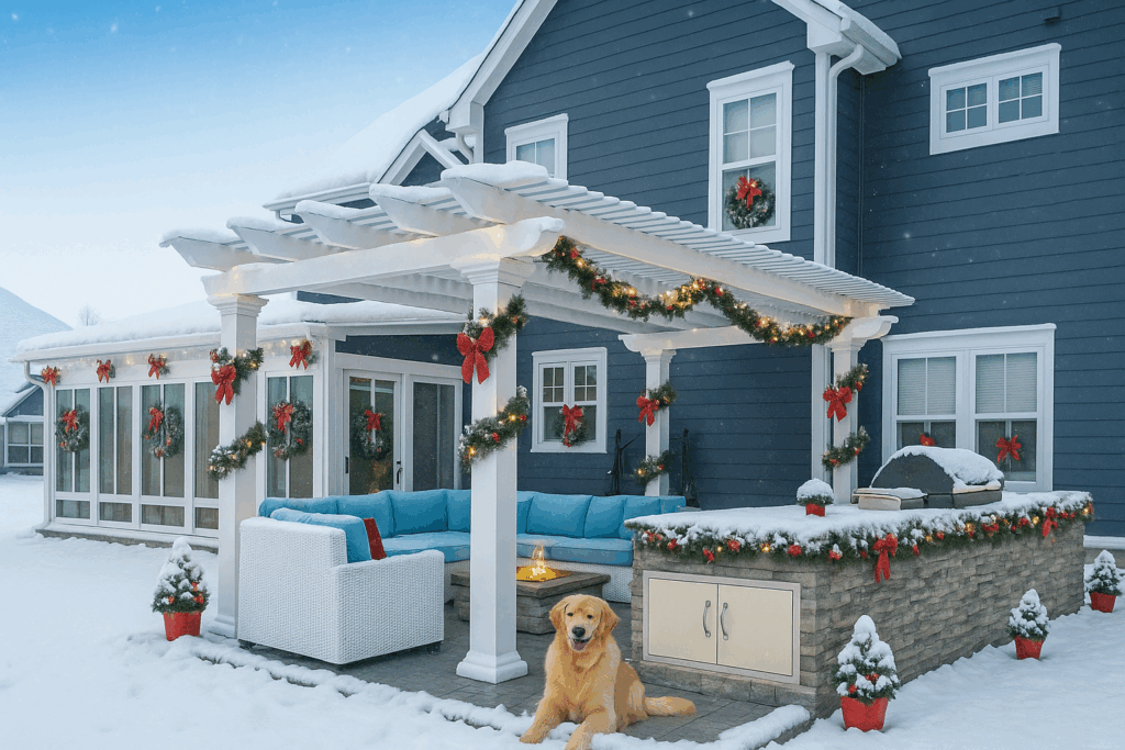 Enjoy the outdoors year round with a stunning Pergola and Glass Enclosed Sunroom!