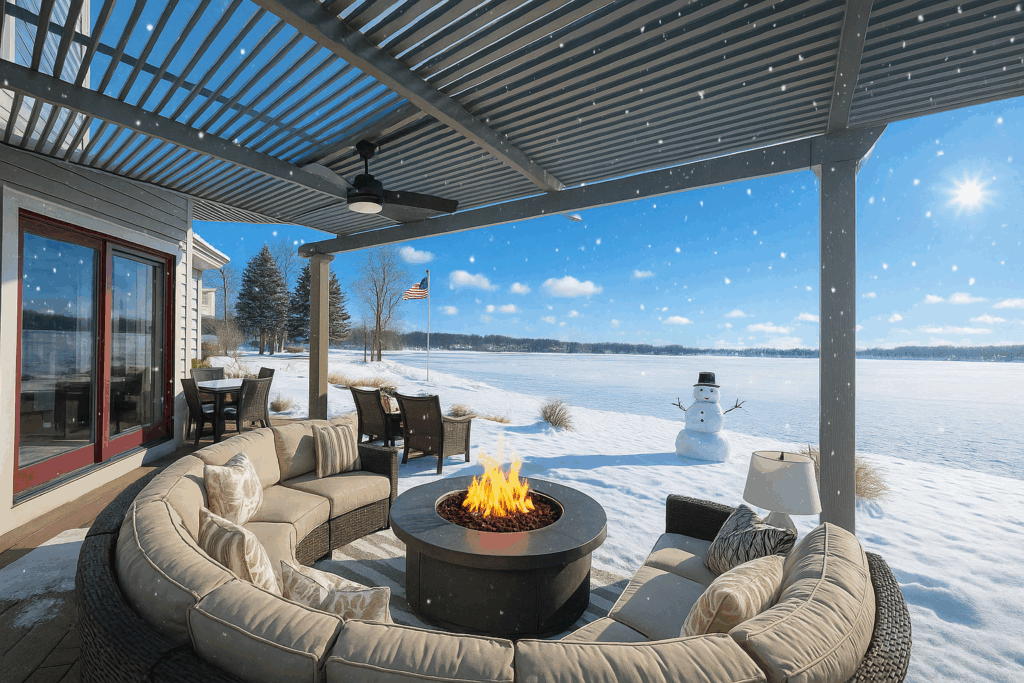 Pergola lake winter w firepit snowman