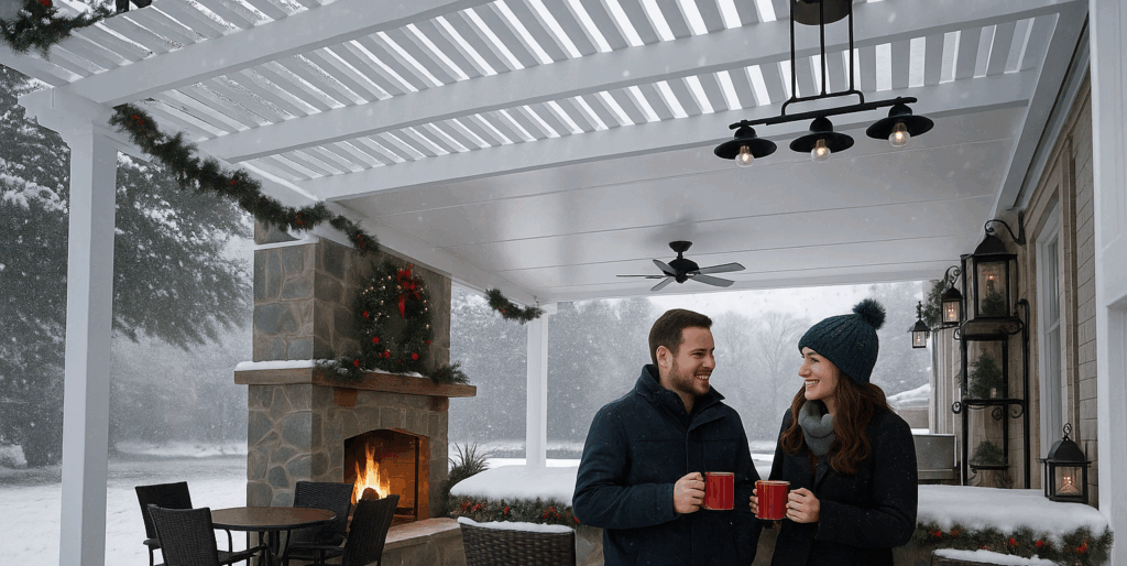 Cozy up to the fire and enjoy winter year round protected by a stunning aluminum Pergola Patio Cover!