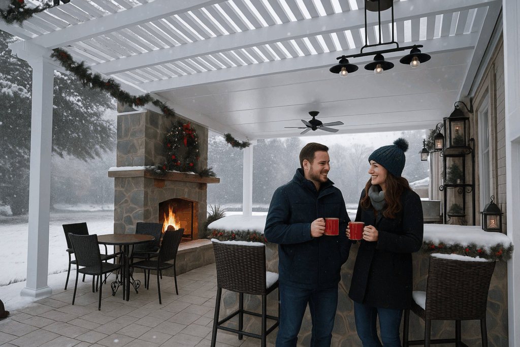 Enjoy the outdoors year round with a stunning pergola combined with solid roof panel cover, built to withstand the Midwest winters and winds.