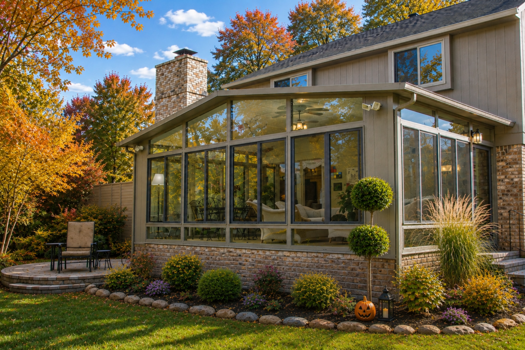 Custom 4 Season Sunroom with glass windows and temperature controlled for year-round comfort & enjoyment.