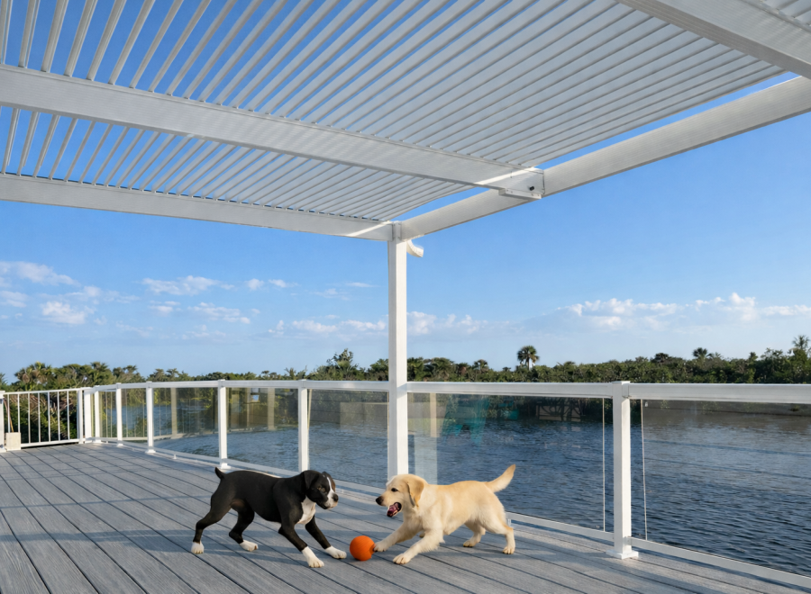 Spacious deck with glass railings adds support and beauty to Motorized Pergola.